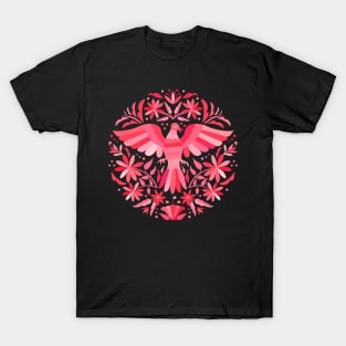 Flying Bird - Mexican Otomí Stamp Design in Pink Shades by Akbaly T-Shirt